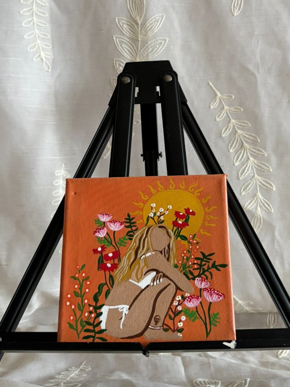 Hand Painted Floral Sun Girl Boho Acrylic Canvas 7x7